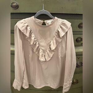 H&M Tan Ruffle V-Front Long Sleeve Blouse Sz 14